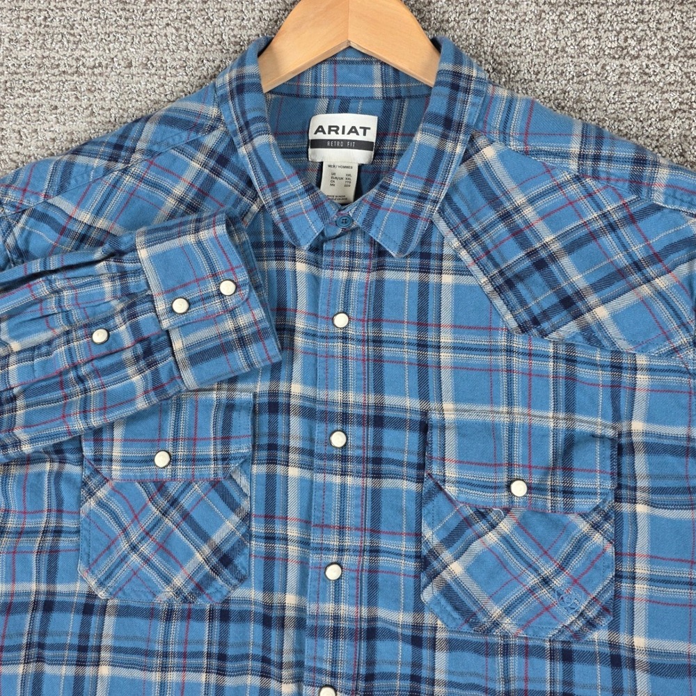 Ariat‎ Retro Fit Mens XXL Blue Plaid Pearl Snap Western Shirt Long Sleeve